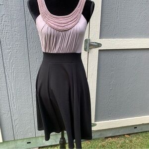 SOPRANO Black and taupe gray pearl embellished beaded fit and flare dress party